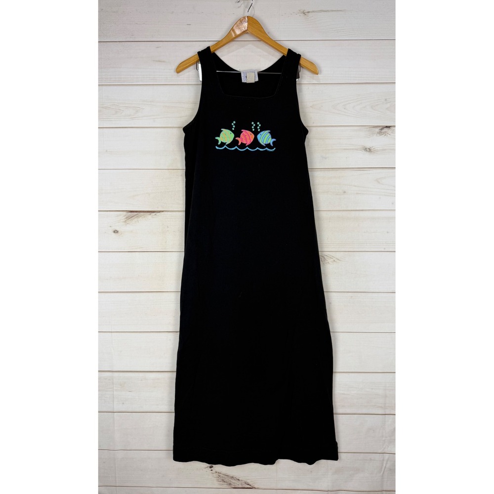 Fresh Produce Dress Medium Black Cotton Fish Embroidered Tank Maxi USA Made